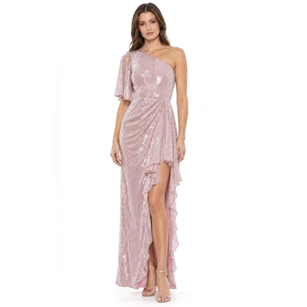Mac Duggal Gown Womens 2 Mauve Pink Sequin One Shoulder Ruffle Slit Formal 93662